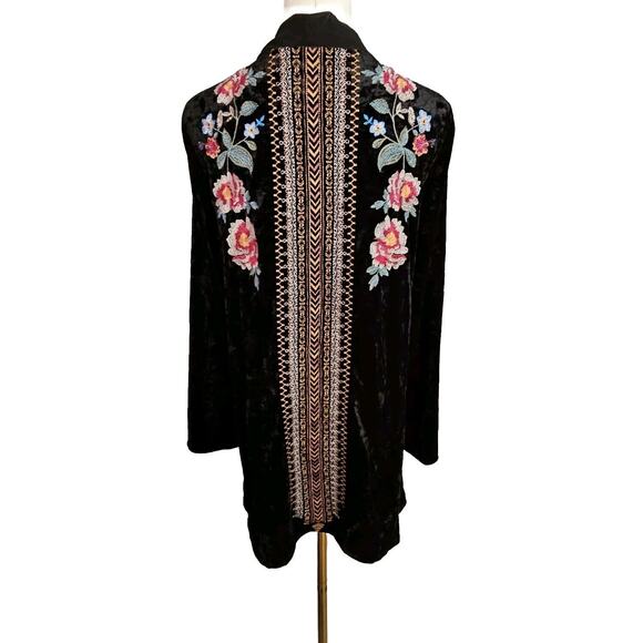 Andree Unit Floral Boho Embroidered Black Crushed Velvet Cardigan Kimono TOP Sml - Picture 1 of 6